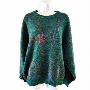 Vintage 80s Bachrach Sweater Green Blue Gold Crew Neck Wool Blend L XL Unisex